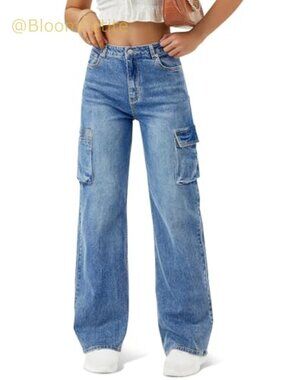 High Waisted Cargo Wide Leg Jeans Straight Baggy Denim Pants 6 Pockets